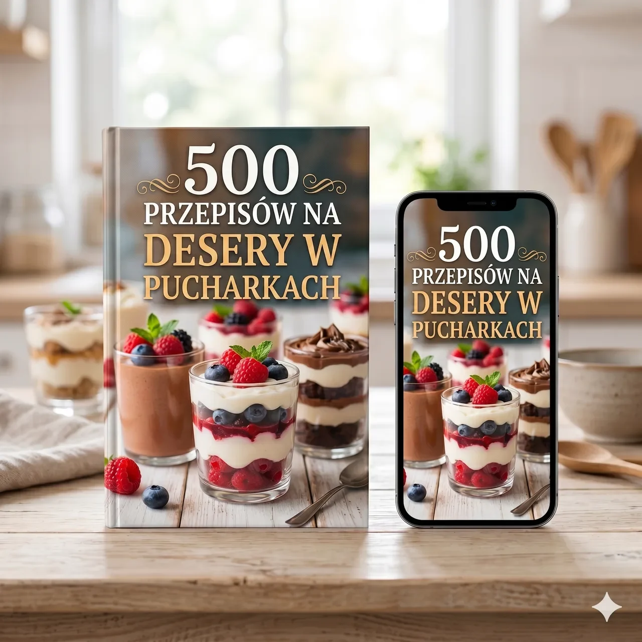 Cyfrowy zbiór 500 przepisów na desery w pucharkach widoczny na tablecie, telefonie i w wersji papierowej